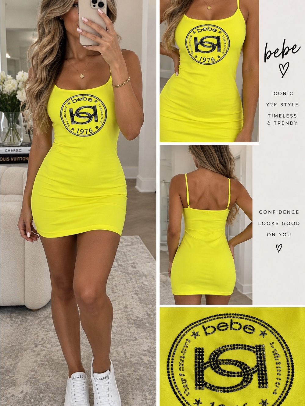 bebe Neon Yellow Logo Spaghetti Strap Bodycon Mini Dress